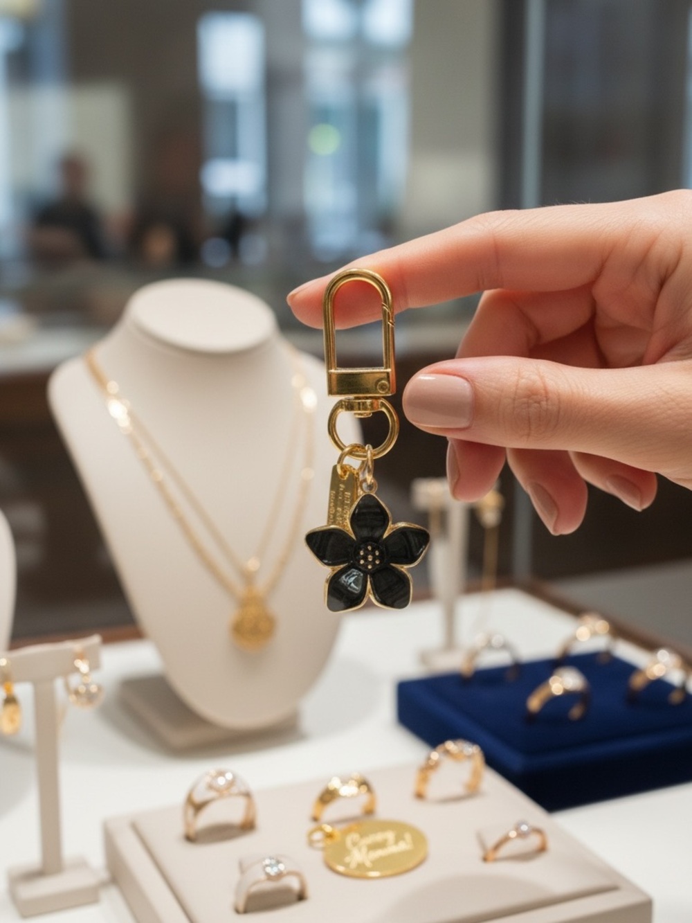 Gold-Tone Black Enamel Flower Keychain Charm